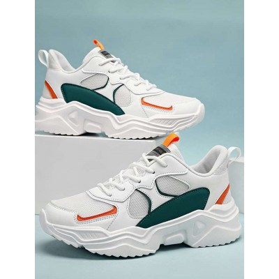 Men Color Block Letter Patch Decor Lace-up Front Chunky Sneakers