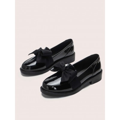 Women Round Toe Bow Decor Black Flat Loafers