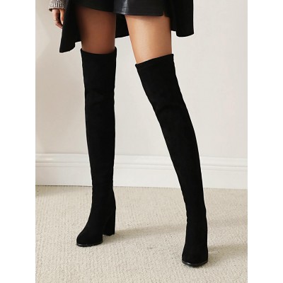 Women Minimalist Over The Knee Back Chunky Heeled Faux Suede Classic Sock Boots