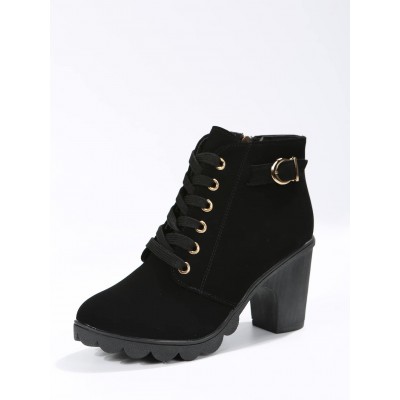 Women Lace Up Buckle Detail Side Zip Chunky Heeled Combat Boots