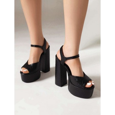 Women Braided Textured Buckle Decor Platform Chunky Heeled Sandals, Elegant Ankle Strap Sandals For Outdoor