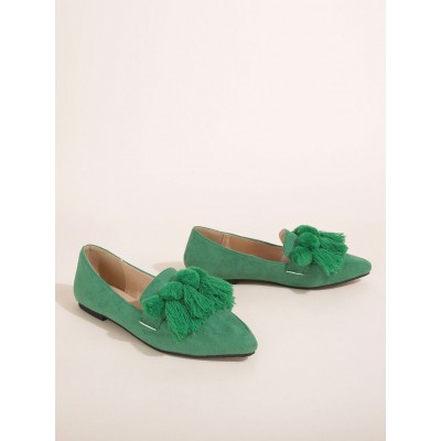 Faux Suede Pom Pom & Tassel Decor Flat Loafers